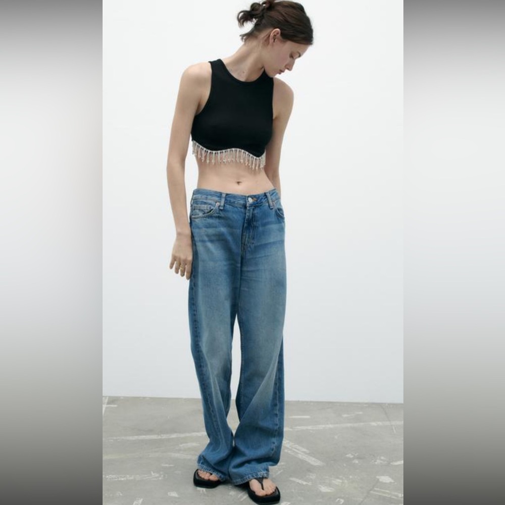 Zara Black Embellished Sleeveless Crop Tank Top